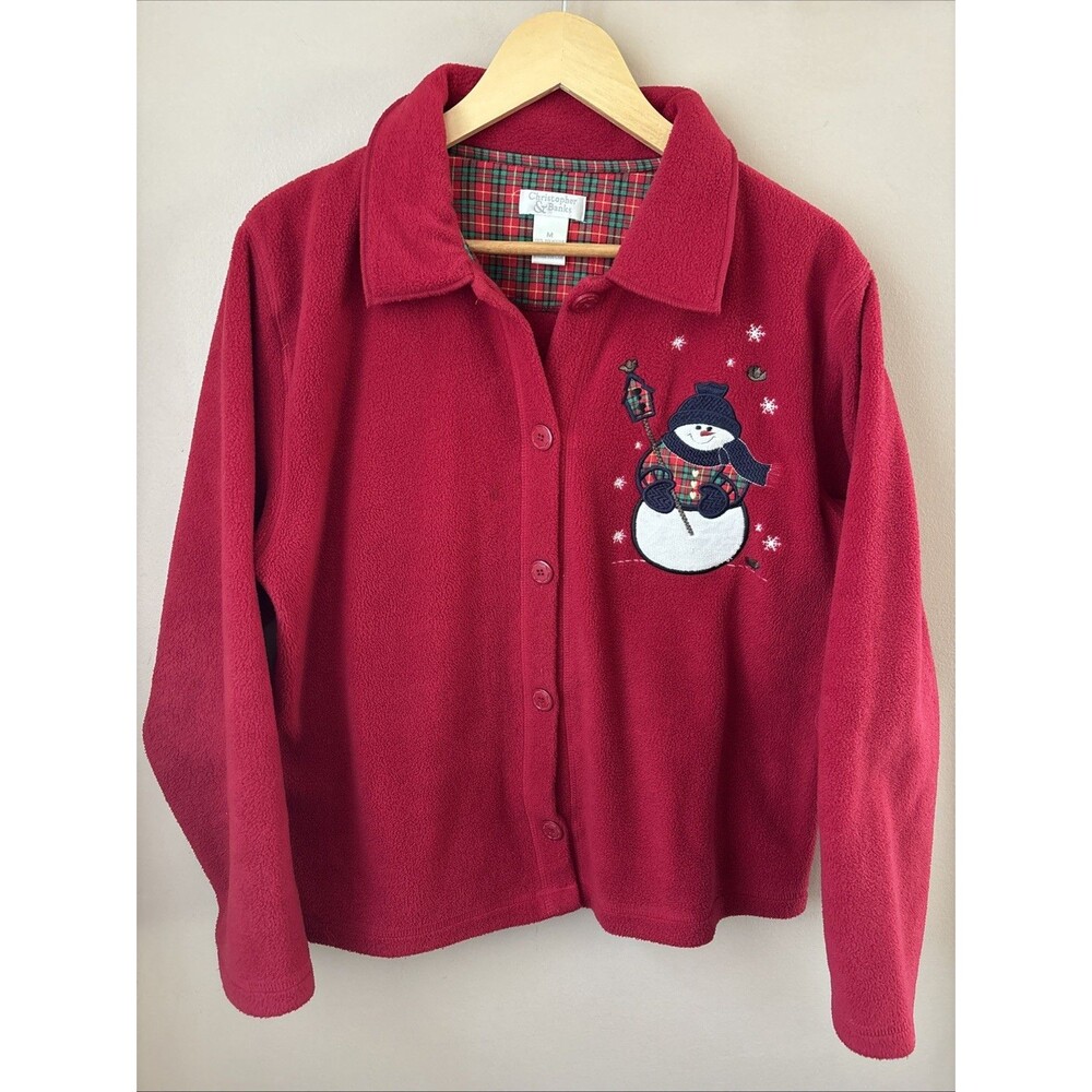Christopher & Banks Fleece Sweater Womens M Red Snowman Button Up